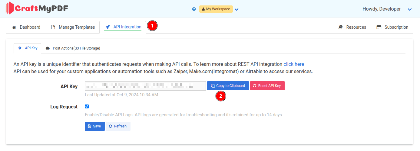 A screenshot showing where to copy the CraftMyPDF API Key