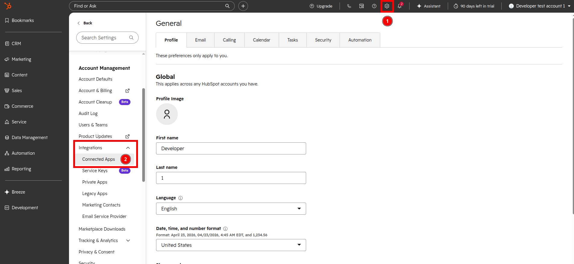 A screenshot showing the location of the settings icon and Connected Apps