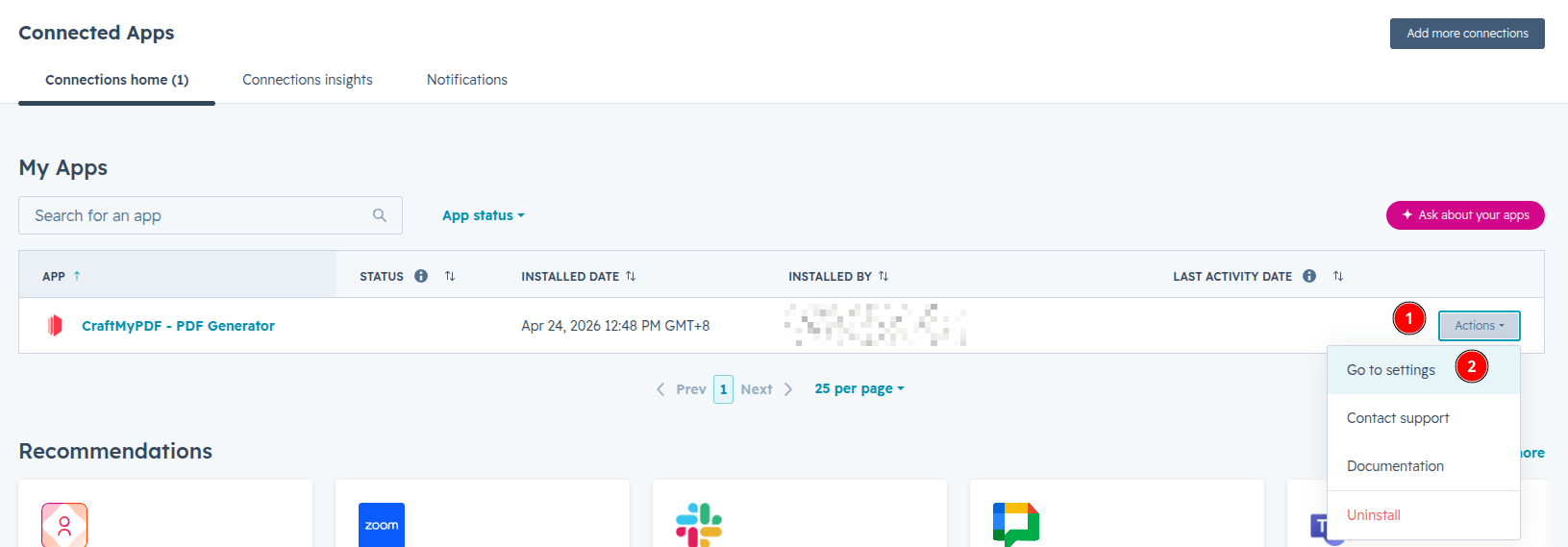 A screenshot showing the Actions button and the Settings option
