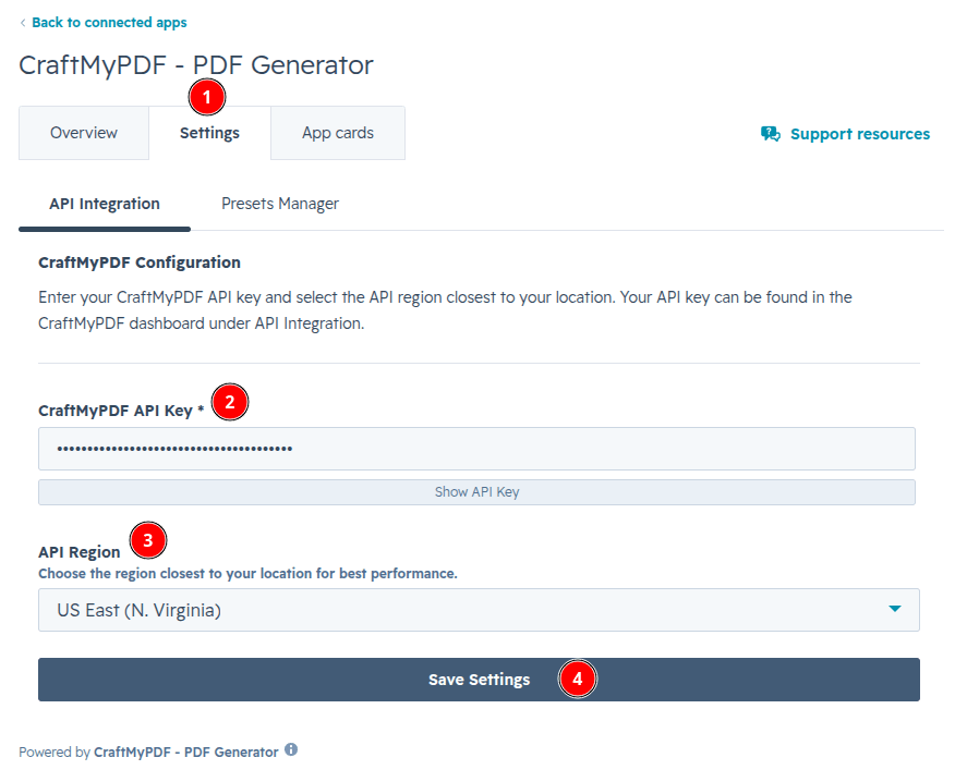 A screenshot showing the Settings tab and the API Key field