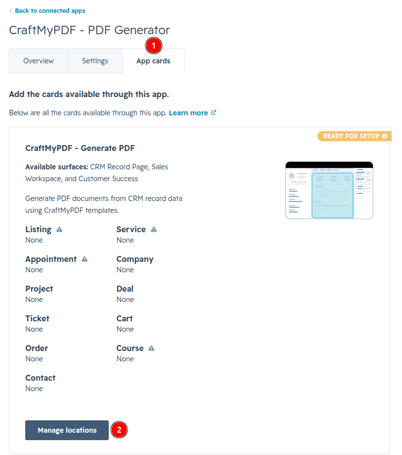 A screenshot showing the App cards tab and the Manage locations button