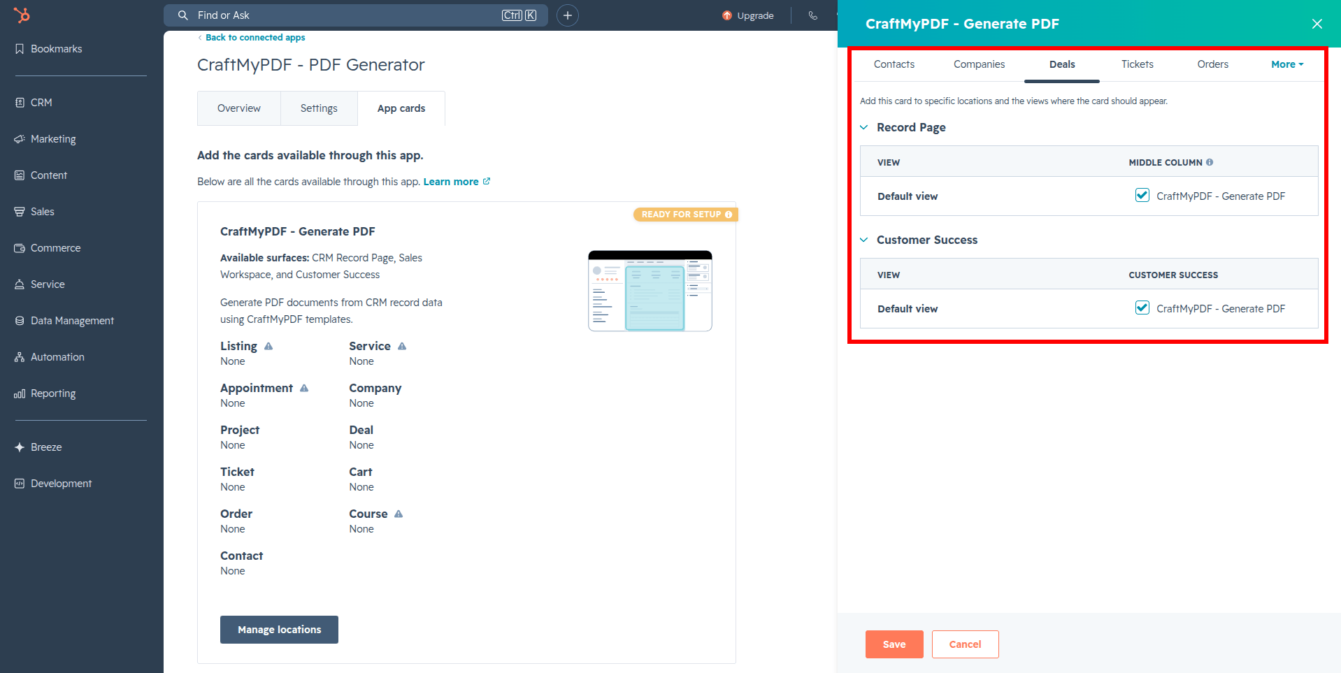 A screenshot showing the side panel for managing app card locations