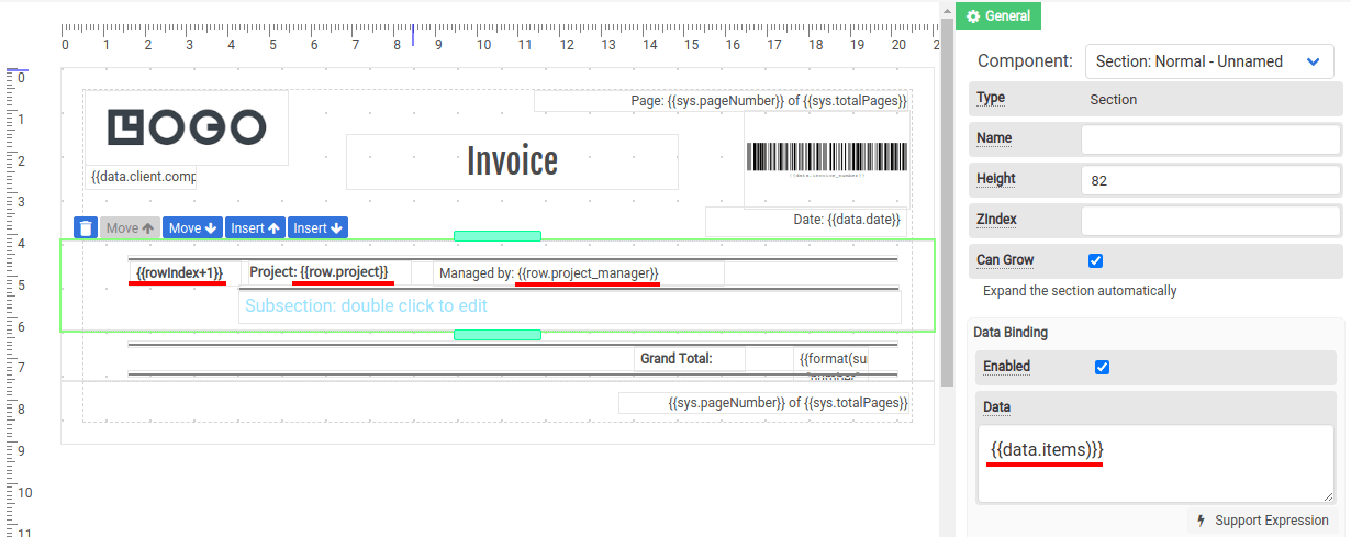 Special variables in a data-bound section