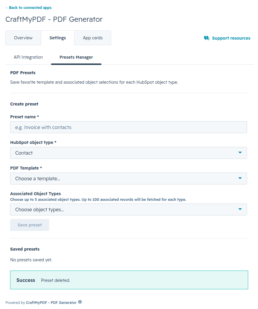 A screenshot showing the Preset deleted success message