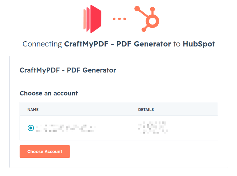 A screenshot that shows the screen for selecting the HubSpot account to connect to the CraftMyPDF app