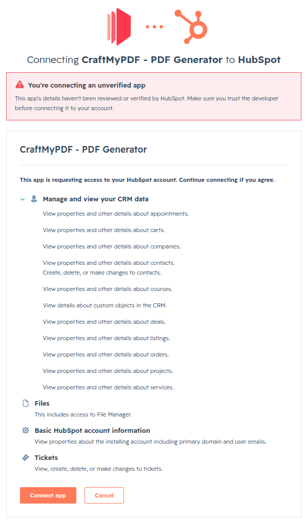 A screenshot that shows the requested permissions for the CraftMyPDF app