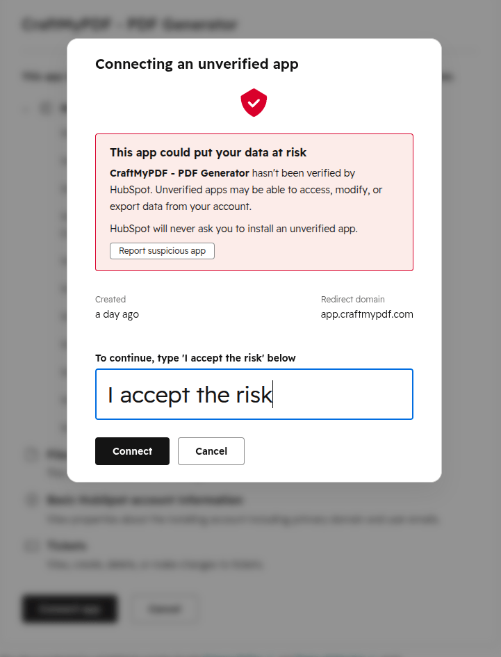 A screenshot that shows the screen for connecting an unverified app