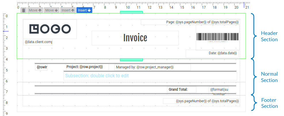 Header, Normal Section and Footer section