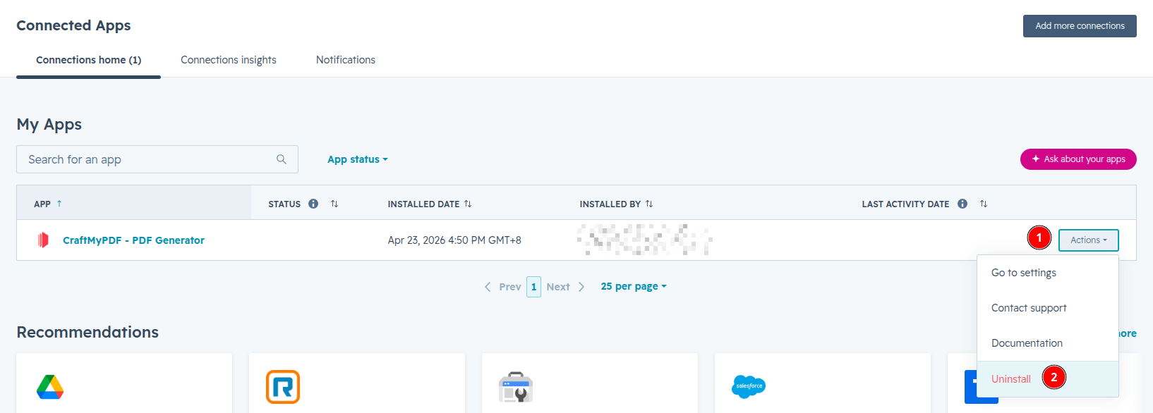 A screenshot showing the Actions button and the Uninstall option