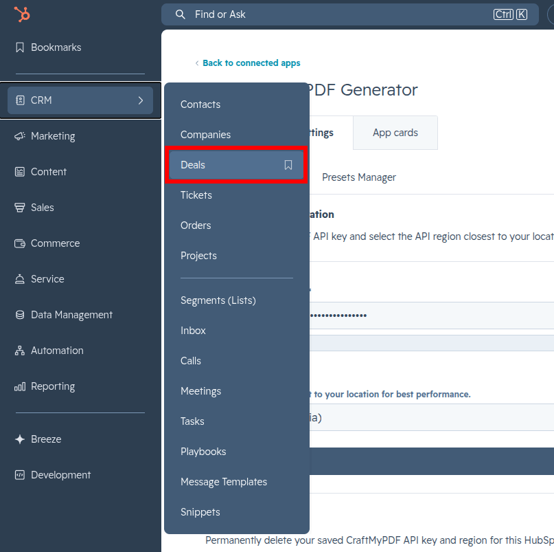 A screenshot showing the Deals CRM option on the side navigation bar
