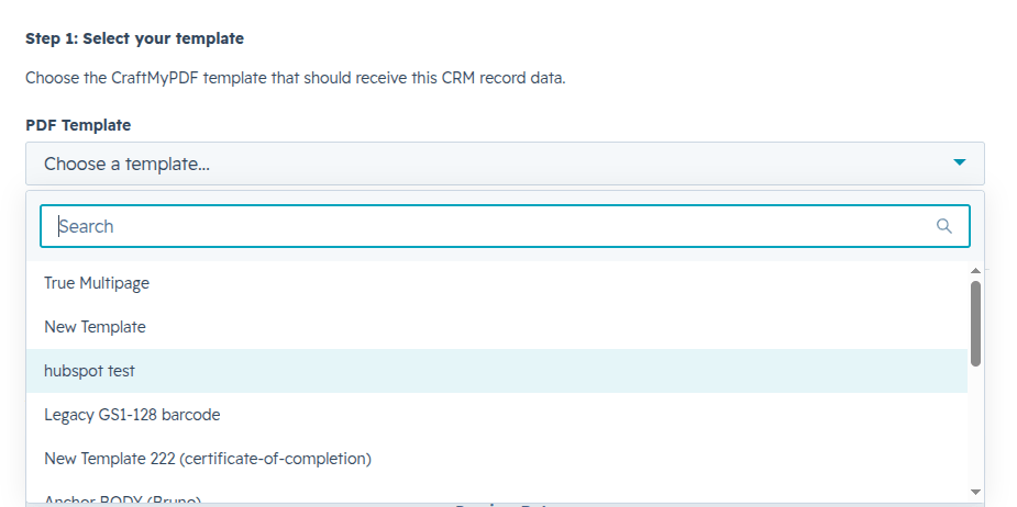 A screenshot showing the template selection dropdown in the CraftMyPDF app card
