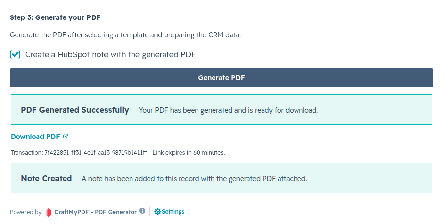 A screenshot showing the Generate PDF button and the option to create a note with the PDF attachment
