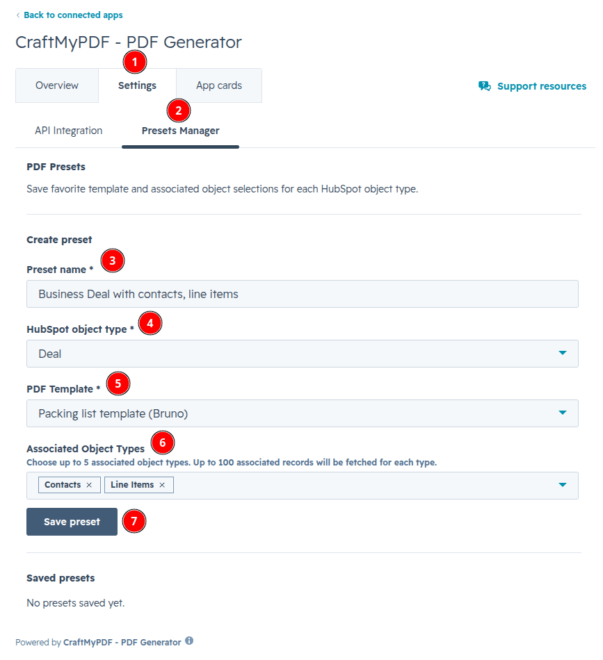 A screenshot showing the form to save a preset in the CraftMyPDF app settings tab