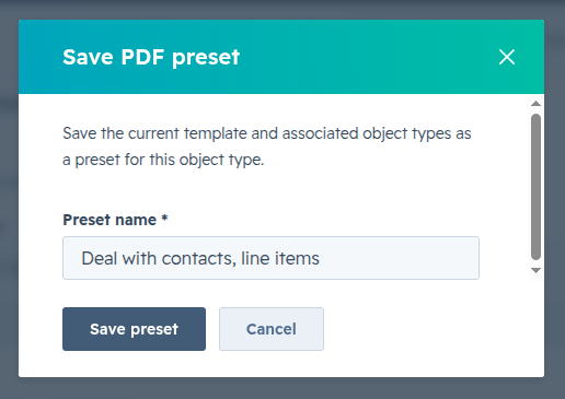 A screenshot showing the dialog box for naming and saving a preset