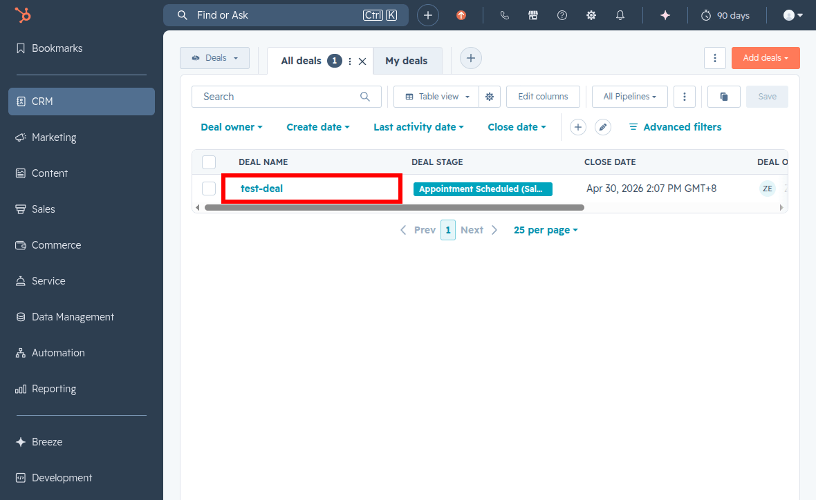 A screenshot showing a Deal record