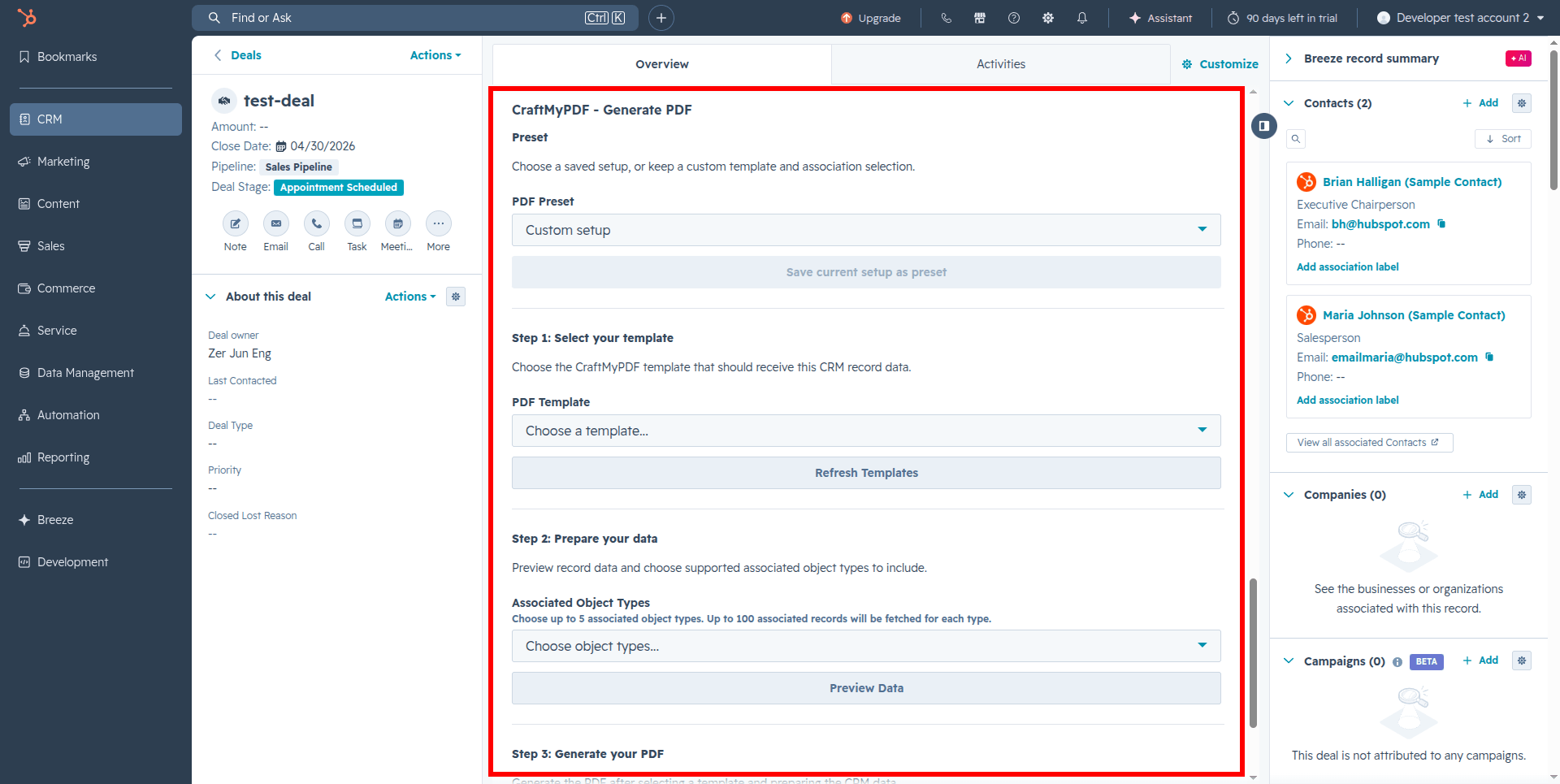 A screenshot showing the CraftMyPDF app card on a Deal record