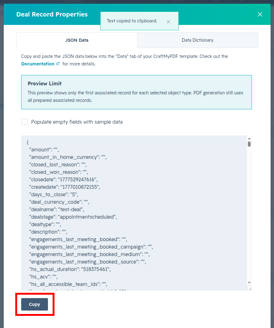 A screenshot showing the JSON Data tab and the Copy button in the Preview Data dialog box
