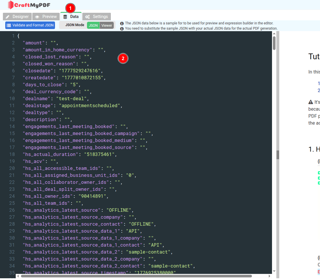 A screenshot showing the Data tab in CraftMyPDF where the preview data is pasted