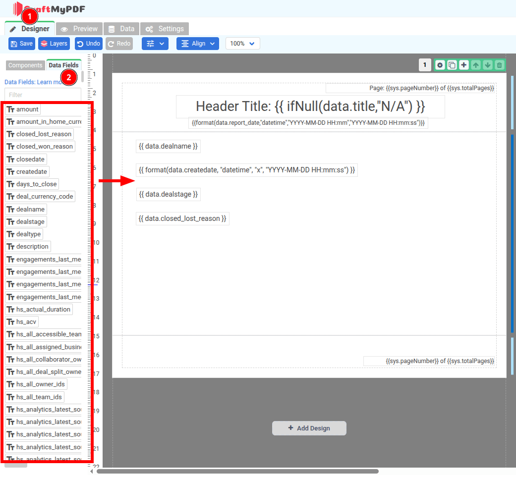 A screenshot showing the Designer tab in CraftMyPDF with data fields available to drag and drop
