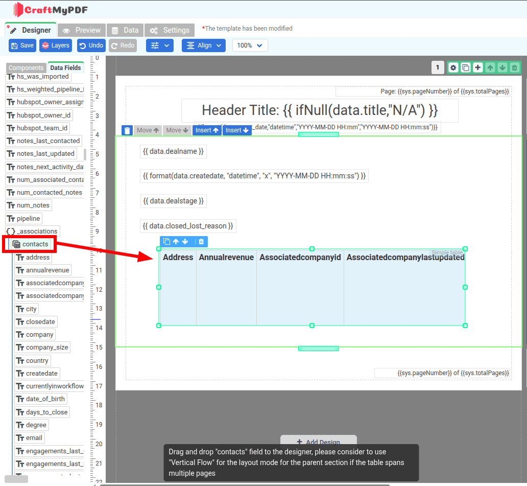 A screenshot showing the contacts association field being dragged into the template to create a table